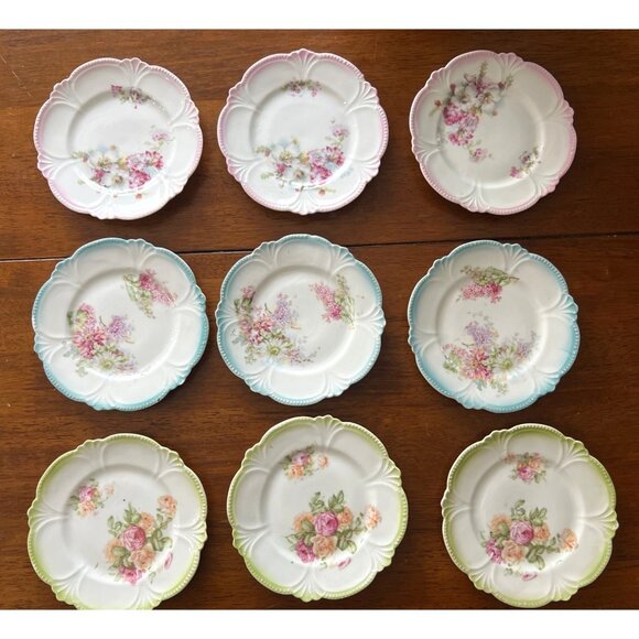 9 Antique Floral Porcelain Plates‎ Pink Green Blue Bread/Butter Dessert Cake - Picture 1 of 8